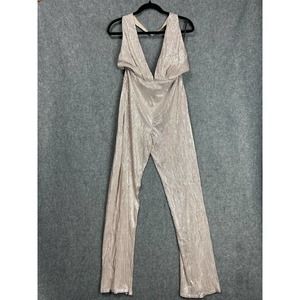 Revolve Jumpsuit Women Small Gold Halter Neck Pleated Plunge V Neck Metallic